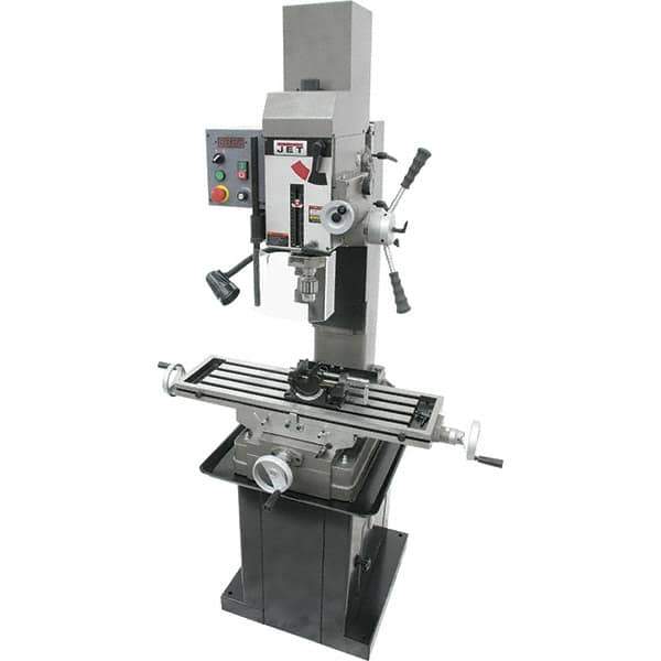 Jet - 3 Phase, 19-11/16" Swing, Geared Head Mill Drill Combination - 32-1/4" Table Length x 9-1/2" Table Width, 20-1/2" Longitudinal Travel, 8-1/4" Cross Travel, Variable Spindle Speeds, 1.5 hp, 230 Volts - All Tool & Supply