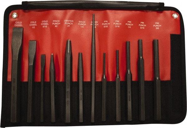 Mayhew - 12 Piece Cold Chisel, Prick, Center, Solid & Pin Punch Set - 5/16 to 3/4" Chisel, 5/32 to 3/8" Punch, Hex Shank - All Tool & Supply