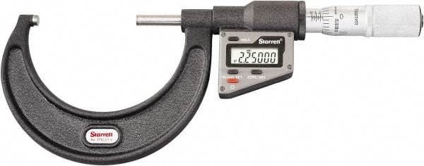 Starrett - 50.8 to 76 mm Range, 0.0001" Resolution, Standard Throat, Electronic Outside Micrometer - 0.0001" Accuracy, Friction Thimble, Micro Lapped Carbide Face, CR2450 Battery, Includes 3V Battery - All Tool & Supply