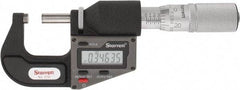 Starrett - 0 to 25 mm Range, 0.0001" Resolution, Standard Throat, Electronic Outside Micrometer - 0.0001" Accuracy, Friction Thimble, Micro Lapped Carbide Face, CR2450 Battery, Includes 3V Battery - All Tool & Supply