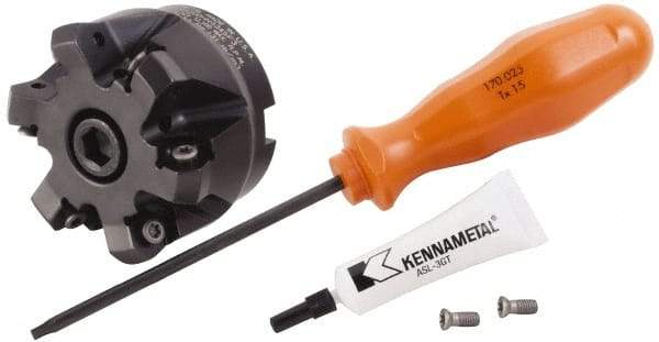 Kennametal - 2" Cut Diam, 3/4" Arbor Hole, 3.23mm Max Depth of Cut, 45° Indexable Chamfer & Angle Face Mill - 6 Inserts, HNGJ 0604... Insert, Right Hand Cut, 6 Flutes, Through Coolant, Series Dodeka Mini - All Tool & Supply