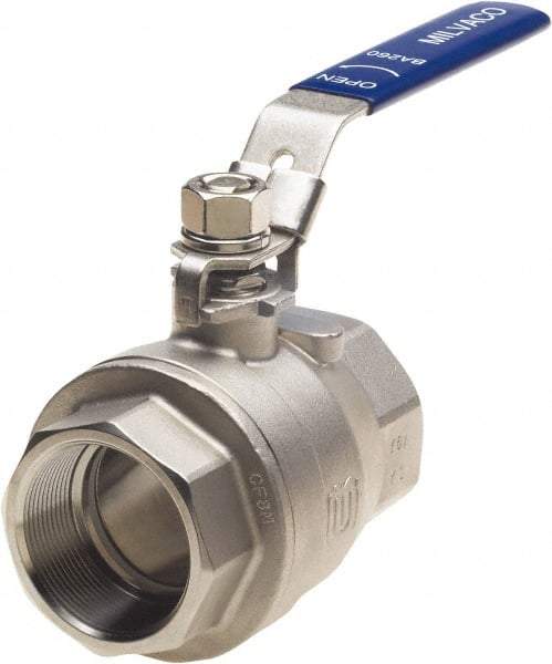 Milwaukee Valve - 2" Pipe, Full Port, Stainless Steel Standard Ball Valve - 2 Piece, Threaded (NPT) Ends, Locking Lever Handle, 1,000 WOG, 150 WSP - All Tool & Supply