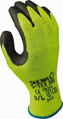 SHOWA - Size S (7), ANSI Cut Lvl 4, Abrasion Lvl 4, Natural Rubber Latex Coated Natural Rubber Cut Resistant Gloves - 10" Long, Palm Coated, Polyester, Stainless Steel & Kevlar Lining, Knit Wrist, Green/Yellow, Paired - All Tool & Supply