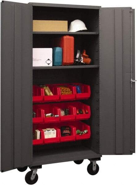 Durham - 2 Shelf 12 Bin Mobile Storage Cabinet - Steel, 36" Wide x 24" Deep x 80" High, Red - All Tool & Supply