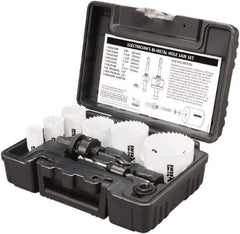 Disston - 9 Piece, 7/8" to 2-1/2" Saw Diam, Electrician's Hole Saw Kit - Bi-Metal, Toothed Edge, Pilot Drill Model No. E0102457, Includes 6 Hole Saws - All Tool & Supply