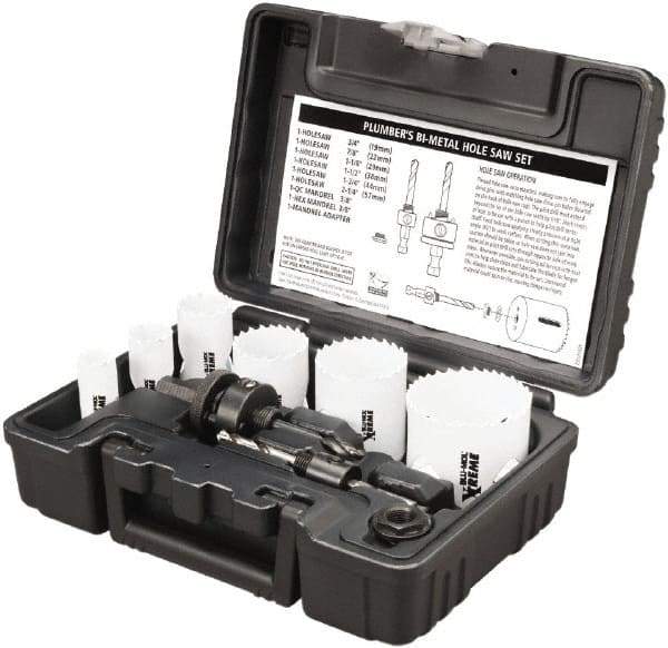 Disston - 9 Piece, 3/4" to 2-1/4" Saw Diam, Plumber's Hole Saw Kit - Bi-Metal, Toothed Edge, Pilot Drill Model No. E0102457, Includes 6 Hole Saws - All Tool & Supply