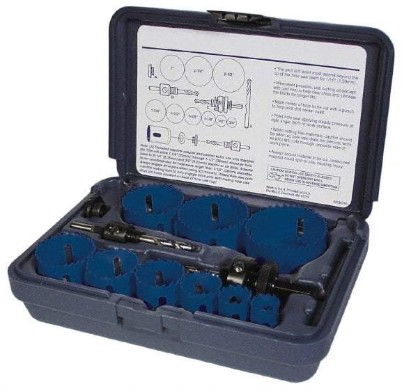 Disston - 9 Piece, 7/8" to 1-3/4" Saw Diam, Lockset Hole Saw Kit - Bi-Metal, Toothed Edge, Pilot Drill Model No. E0102457, Includes 6 Hole Saws - All Tool & Supply