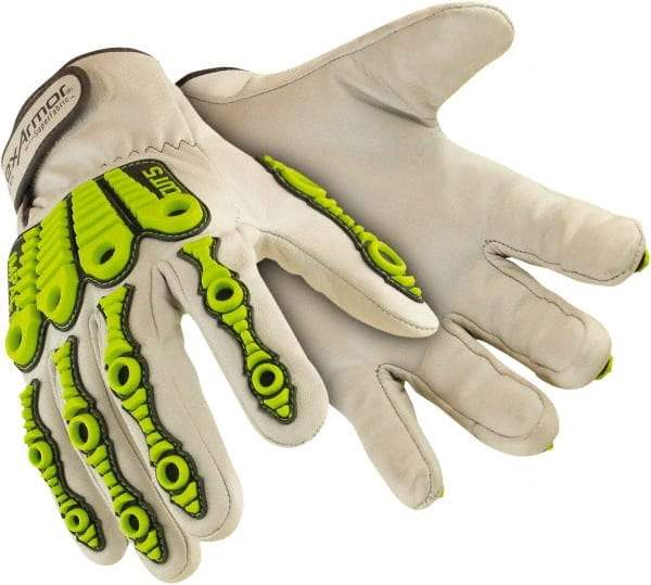 HexArmor - Size L (9), ANSI Cut Level A8, Puncture Level 4, Abrasion Level 4, Goatskin Leather Cut & Puncture Resistant Gloves - 9-1/2" Long, Uncoated Leather, Hook & Loop Cuffs, White/High Visibility Yellow, Paired - All Tool & Supply