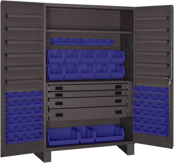 Durham - 2 Shelf 69 Bin Storage Cabinet - Steel, 48" Wide x 24" Deep x 78" High, Blue - All Tool & Supply