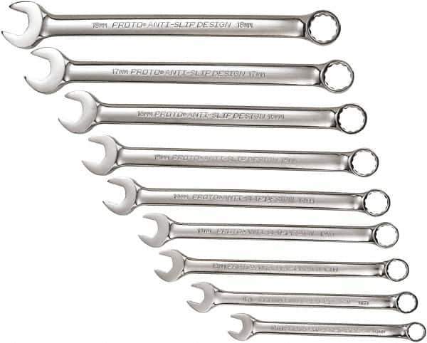 Proto - 9 Piece, 10mm to 18mm, 12 Point Combination Wrench Set - Metric Measurement Standard, Full Polish Chrome Finish, Comes in Tool Roll - All Tool & Supply