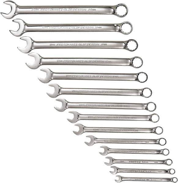 Proto - 14 Piece, 7mm to 20mm, 12 Point Combination Wrench Set - Metric Measurement Standard, Full Polish Chrome Finish, Comes in Tool Roll - All Tool & Supply