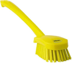 Vikan - 1.3" Bristle Length, Polyester Scrub Brush - 4" Long x 2-3/4" Wide Head, 15-3/4" OAL, Yellow, Polypropylene Block - All Tool & Supply