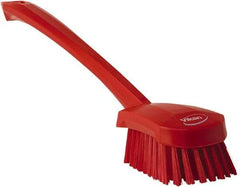 Vikan - 1.3" Bristle Length, Polyester Scrub Brush - 4" Long x 2-3/4" Wide Head, 15-3/4" OAL, Red, Polypropylene Block - All Tool & Supply