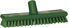 Vikan - 1" Bristle Length, Polyester Scrub Brush - 10-5/8" Long x 2-1/2" Wide Head, 11" OAL, European Threaded Handle, Green, Polypropylene Block - All Tool & Supply