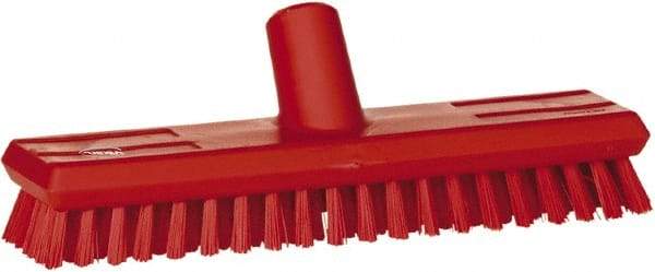 Vikan - 1" Bristle Length, Polyester Scrub Brush - 10-5/8" Long x 2-1/2" Wide Head, 11" OAL, European Threaded Handle, Red, Polypropylene Block - All Tool & Supply