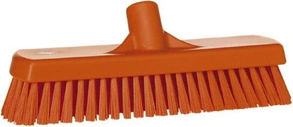 Vikan - 1.7" Bristle Length, Polyester Scrub Brush - 11-1/4" Long x 3" Wide Head, 12" OAL, European Threaded Handle, Orange, Polypropylene Block - All Tool & Supply