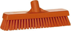 Vikan - 1.7" Bristle Length, Polyester Scrub Brush - 11-1/4" Long x 3" Wide Head, 12" OAL, European Threaded Handle, Orange, Polypropylene Block - All Tool & Supply