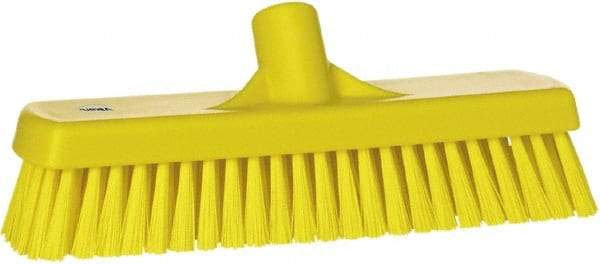 Vikan - 1.7" Bristle Length, Polyester Scrub Brush - 11-1/4" Long x 3" Wide Head, 12" OAL, European Threaded Handle, Yellow, Polypropylene Block - All Tool & Supply