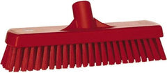 Vikan - 1.7" Bristle Length, Polyester Scrub Brush - 11-1/4" Long x 3" Wide Head, 12" OAL, European Threaded Handle, Red, Polypropylene Block - All Tool & Supply