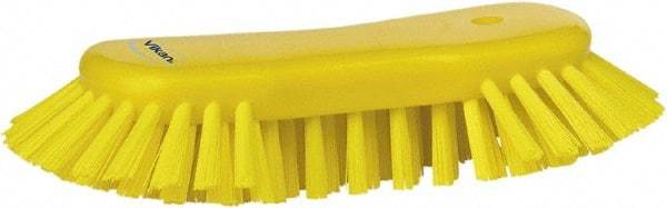 Vikan - 1.3" Bristle Length, Polyester Utility Scrub Brush - 7-3/4" Long x 3" Wide Head, 8" OAL, European Threaded Handle, Yellow, Polypropylene Block - All Tool & Supply