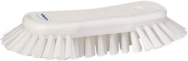 Vikan - 1.3" Bristle Length, Polyester Utility Scrub Brush - 7-3/4" Long x 3" Wide Head, 8" OAL, European Threaded Handle, White, Polypropylene Block - All Tool & Supply