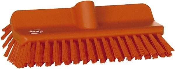 Vikan - 1-1/2" Bristle Length, Polyester Cleaning & Finishing Brush - 9-5/8" Long x 5" Wide Head, 10" OAL, European Threaded Handle, Orange, Polypropylene Block - All Tool & Supply