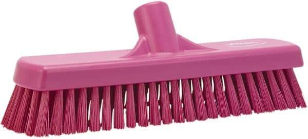 Vikan - 1.7" Bristle Length, Polyester Scrub Brush - 11-1/4" Long x 3" Wide Head, 12" OAL, European Threaded Handle, Pink, Polypropylene Block - All Tool & Supply