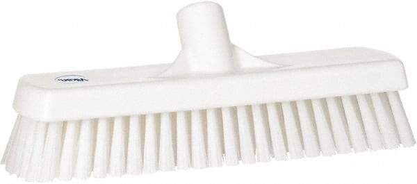 Vikan - 1.7" Bristle Length, Polyester Scrub Brush - 11-1/4" Long x 3" Wide Head, 12" OAL, European Threaded Handle, White, Polypropylene Block - All Tool & Supply