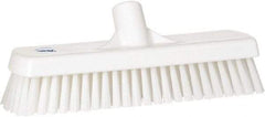 Vikan - 1.7" Bristle Length, Polyester Scrub Brush - 11-1/4" Long x 3" Wide Head, 12" OAL, European Threaded Handle, White, Polypropylene Block - All Tool & Supply