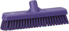 Vikan - 1.7" Bristle Length, Polyester Scrub Brush - 11-1/4" Long x 3" Wide Head, 12" OAL, European Threaded Handle, Purple, Polypropylene Block - All Tool & Supply