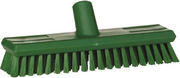 Vikan - 1.3" Bristle Length, Polyester Scrub Brush - 10-3/4" Long x 2-1/2" Wide Head, 11" OAL, European Threaded Handle, Green, Polypropylene Block - All Tool & Supply