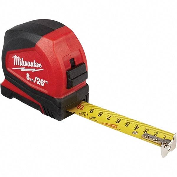 Milwaukee Tool - 26' x 1" Yellow Steel Blade Tape Measure - 1/16", 1mm & 1 cm Graduation, Inch/Metric Graduation Style, Red/Black ABS Plastic Case - All Tool & Supply