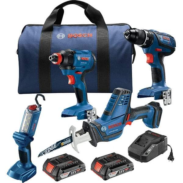 Bosch - 13 Piece 18 Volt Cordless Tool Combination Kit - Includes 1/2" Compact Drill/Driver, Impact Driver, Compact Reciprocating Saw & Work Light, Lithium-Ion Battery Included - All Tool & Supply