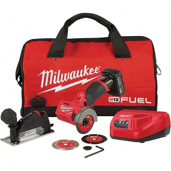 Milwaukee Tool - 3" Wheel Diam, 20,000 RPM, Cordless Cutoff & Cutoff-Grinder Tool - Trigger Handle, 12 Volt, Battery Included - All Tool & Supply