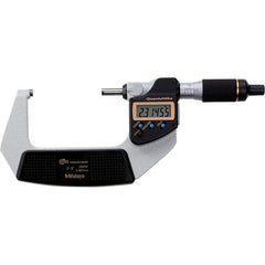 Mitutoyo - 2 to 3" Range, 0.00005" Resolution, Quantumike Throat IP65 Electronic Outside Micrometer - 0.0001" Accuracy, Ratchet Stop Thimble, Carbide-Tipped Face, SR44 Battery - All Tool & Supply