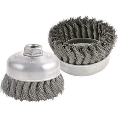 Brush Research Mfg. - 4" Diam, 5/8-11 Threaded Arbor, Carbon Steel Fill Cup Brush - 0.014 Wire Diam, 1-1/4" Trim Length, 9,000 Max RPM - All Tool & Supply