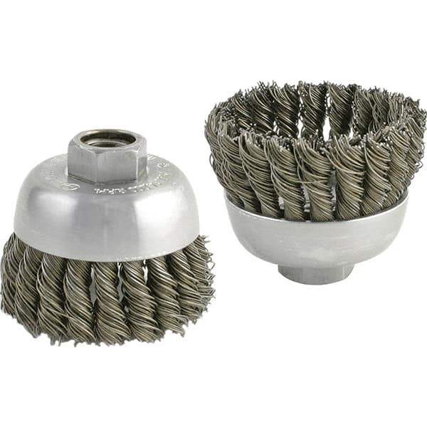 Brush Research Mfg. - 2-3/4" Diam, 5/8-11 Threaded Arbor, Carbon Steel Fill Cup Brush - 0.02 Wire Diam, 1" Trim Length, 6,600 Max RPM - All Tool & Supply