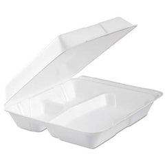 DART - Foam Hinged Lid Container, 3-Comp, 9.3 x 9 1/2 x 3, White, 100/Bag, 2 Bag/Carton - All Tool & Supply