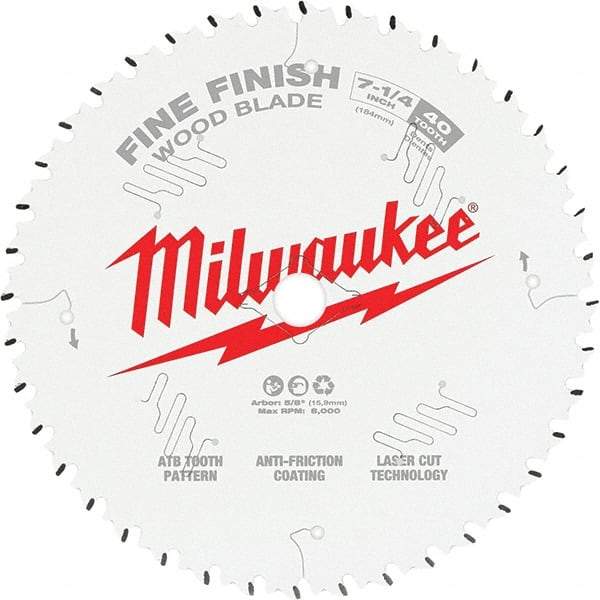 Milwaukee Tool - 7-1/4" Diam, 10mm Arbor Hole Diam, 40 Tooth Wet & Dry Cut Saw Blade - Tungsten Carbide-Tipped, Fine Finish Action, Standard Round Arbor - All Tool & Supply