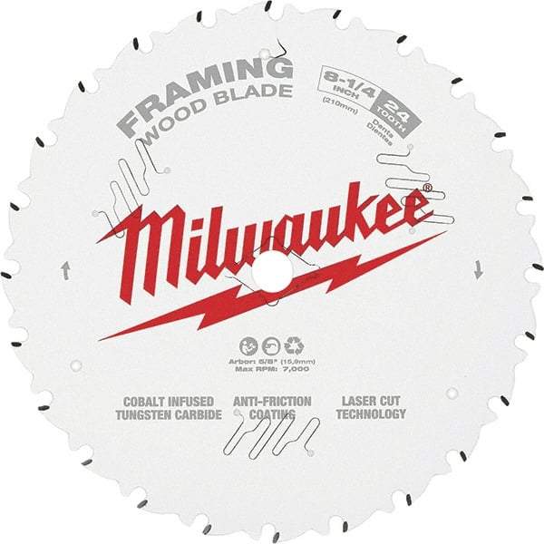 Milwaukee Tool - 8-1/4" Diam, 5/8" Arbor Hole Diam, 24 Tooth Wet & Dry Cut Saw Blade - Tungsten Carbide-Tipped, Framing Action, Standard Round Arbor - All Tool & Supply