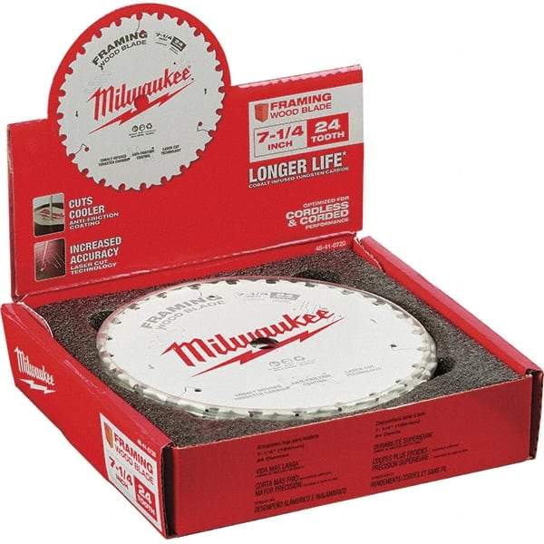 Milwaukee Tool - 7-1/4" Diam, 5/8" Arbor Hole Diam, 24 Tooth Wet & Dry Cut Saw Blade - Tungsten Carbide-Tipped, Framing Action, Standard Round Arbor - All Tool & Supply