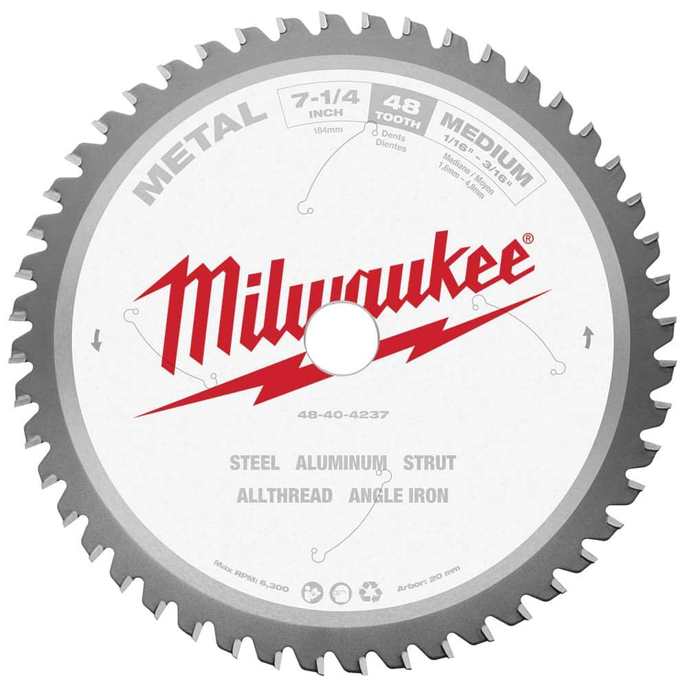 Milwaukee Tool - Wet & Dry-Cut Saw Blades; Blade Diameter (Inch): 7-1/4 ; Blade Material: Carbide-Tipped ; Arbor Style: Standard Round ; Arbor Hole Diameter (mm): 20.00 ; Application: Ferrous Metal Cutting ; Number of Teeth: 48 - Exact Industrial Supply