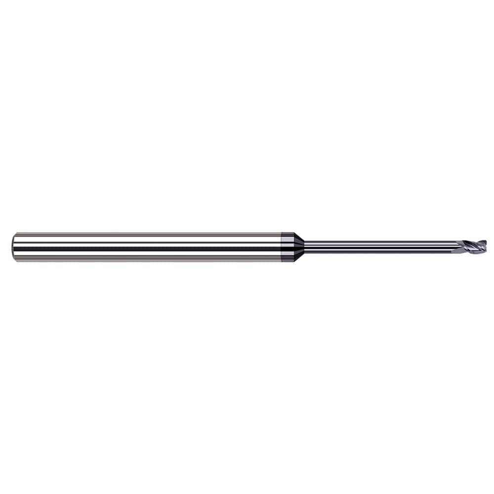 Corner Radius End Mill: 0.025″ Dia, 0.038″ LOC, 0.004″ Radius, 3 Flutes, Solid Carbide 2-1/2″ OAL, 1/8″ Shank Dia, 34 ° Helix, AlTiN Coated, Corner Radius End