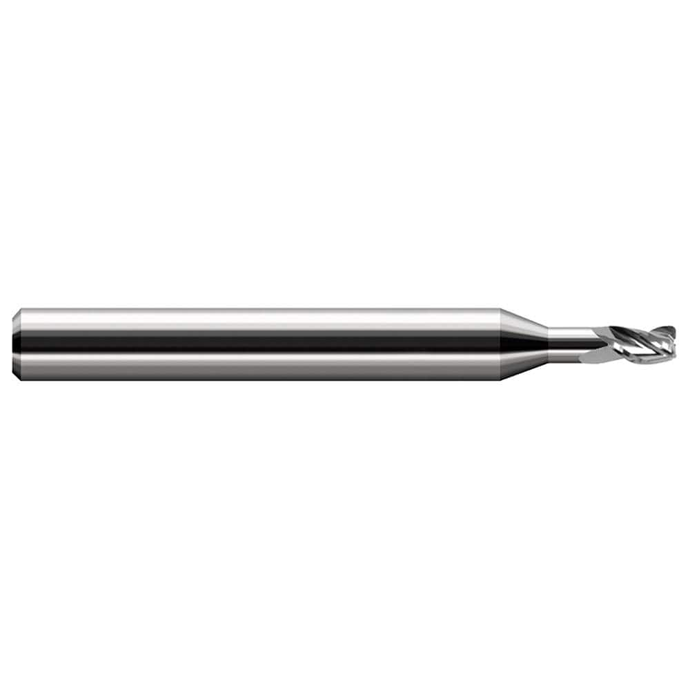 Corner Radius End Mill: 0.062″ Dia, 3/32″ LOC, 0.01″ Radius, 3 Flutes, Solid Carbide 2-1/2″ OAL, 1/8″ Shank Dia, 30 ° Helix, Bright/Uncoated, Corner Radius End