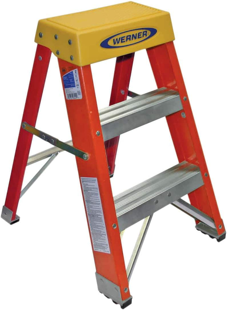 Werner - 2 Steps, 2' High, Type IA Rating, Fiberglass Step Stand - 300 Lb Load Capacity, 17-1/4" Base Width - All Tool & Supply