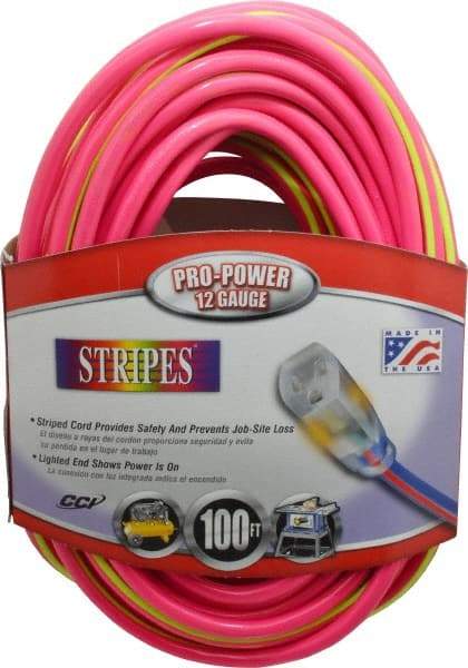 Southwire - 100', 12/3 Gauge/Conductors, Pink/Lime Green Outdoor Extension Cord - 1 Receptacle, 15 Amps, 125 VAC, UL SJTW, NEMA 5-15P, 5-15R - All Tool & Supply