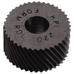 Made in USA - 5/16" Diam, 80° Tooth Angle, Standard (Shape), Form Type High Speed Steel Left-Hand Diagonal Knurl Wheel - 5/32" Face Width, 1/8" Hole, 128 Diametral Pitch, 30° Helix, Bright Finish, Series BP - Exact Industrial Supply