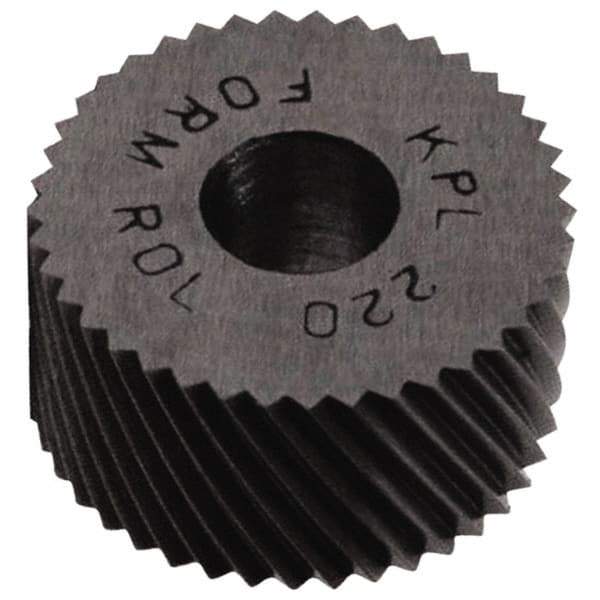 Made in USA - 5/16" Diam, 90° Tooth Angle, 30 TPI, Standard (Shape), Form Type High Speed Steel Left-Hand Diagonal Knurl Wheel - 5/32" Face Width, 1/8" Hole, Circular Pitch, 30° Helix, Bright Finish, Series BP - Exact Industrial Supply