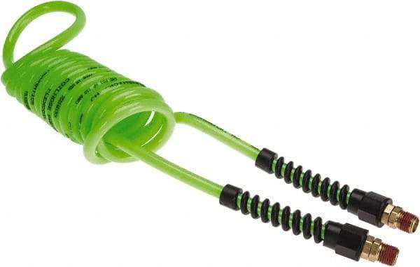 Coilhose Pneumatics - 1/4" ID, 1/4 Thread, 10' Long, Neon Green Polyurethane Coiled & Self Storing Hose - 125 Max psi, Male Swivel x Male Swivel with Strain Relief - All Tool & Supply