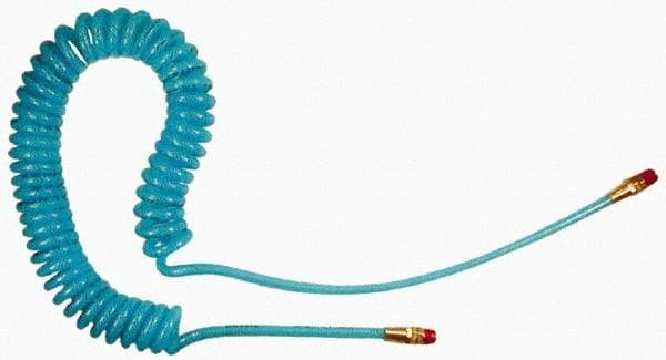 Coilhose Pneumatics - 3/8" ID, 1/4 Thread, 20' Long, Transparent Blue Polyurethane Coiled & Self Storing Hose - 200 Max psi, Male Swivel x Male Swivel - All Tool & Supply